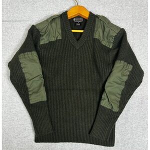 Vintage TactSquad Commando Sweater Med Green Thick Wool Ribbed V-Neck Epaulets
